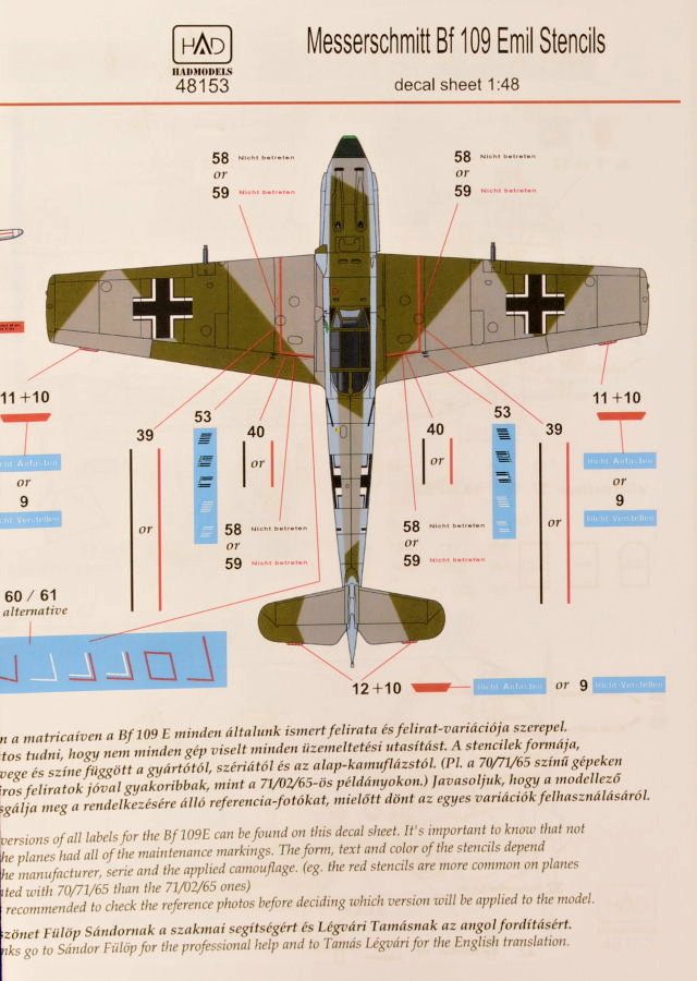 1/48 Decal Messerschmitt Bf 109 Emil STENCILS