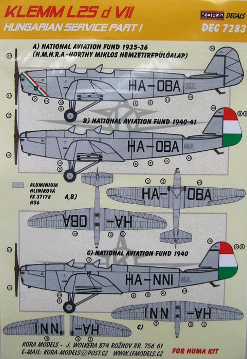 1/72 Decals Klemm L25 d VII (Hungarian, part I.)