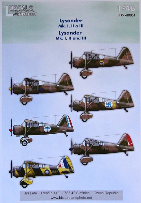 1/48 Decals Lysander Mk.I/II/III (6x camo)