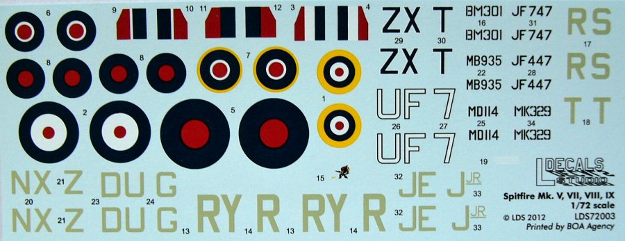 1/72 Decals Spitfire Mk.Vb,VII,VIII,IXe (7x camo)