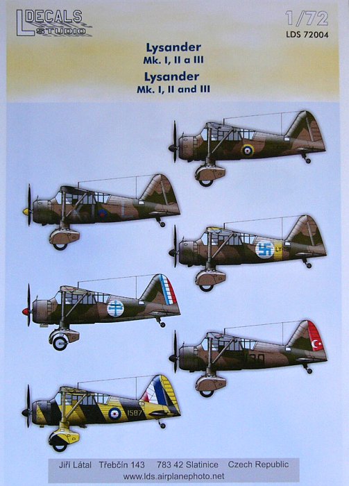 1/72 Decals Lysander Mk.I/II/III (6x camo)