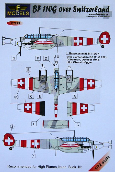 1/72 Decals Bf 110G over Switzerland (ITAL/BILEK)