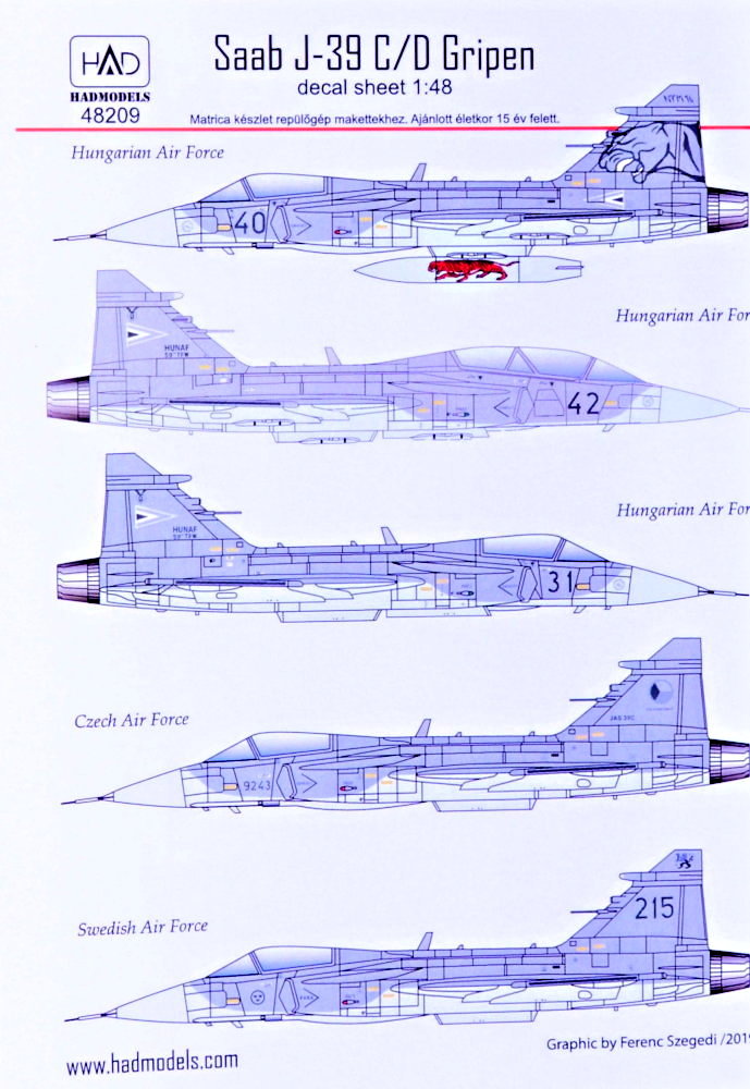 1/48 Decal SAAB J-39 C/D Gripen (3x HU, CZ, SE)