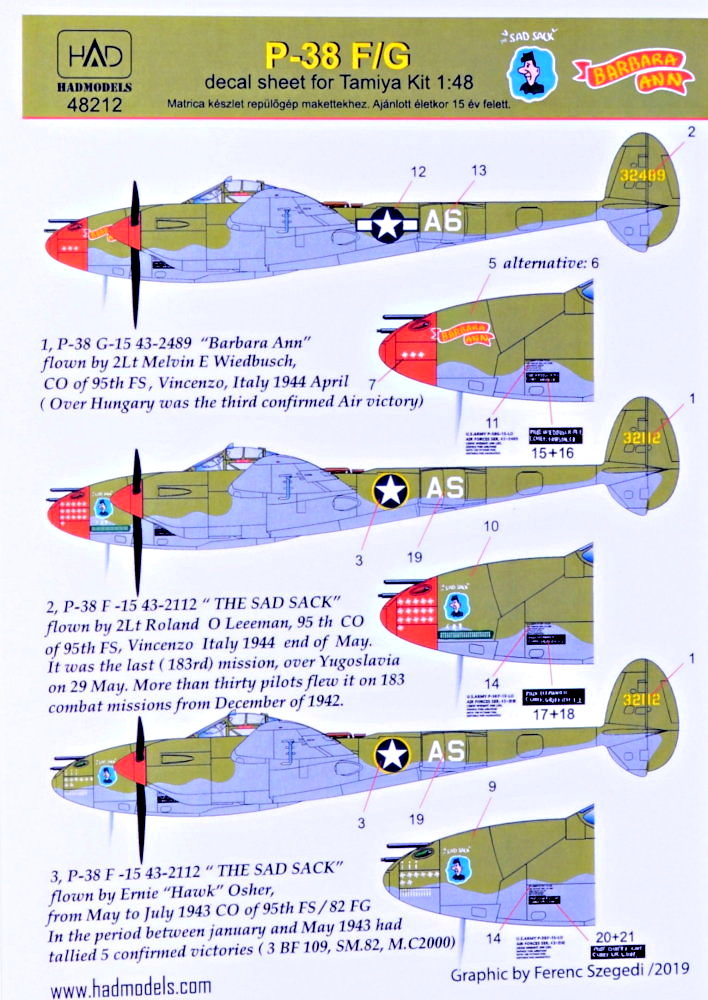 1/48 Decal P-38 F/G above Europe (3x camo)