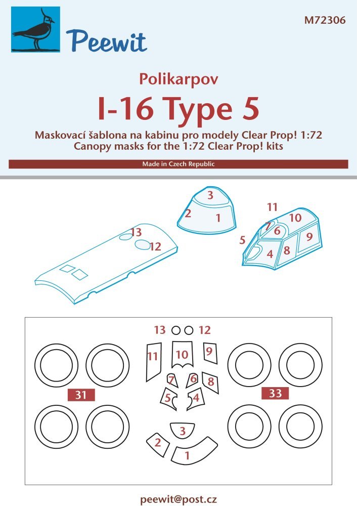 1/72 Canopy mask Polikarpov I-16 type 5 (CL.PROP)