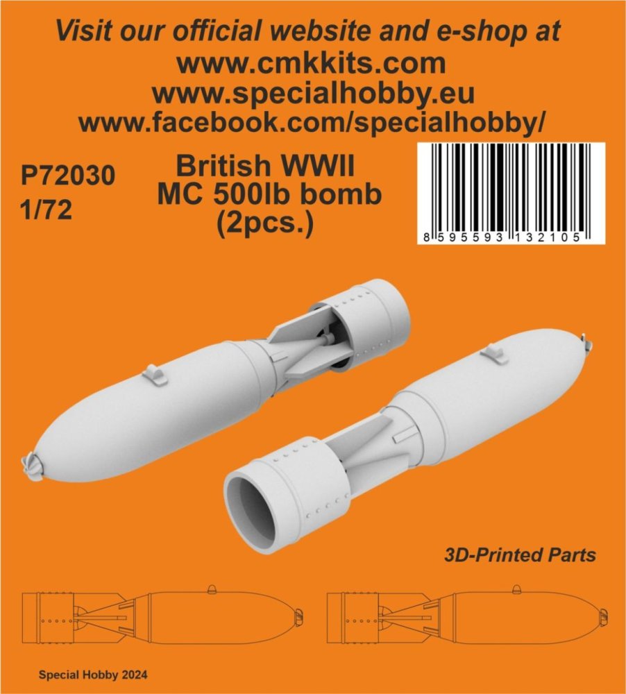 1/72 British WWII MC 500lb. bomb, 2 pcs. (3D-Pr.)