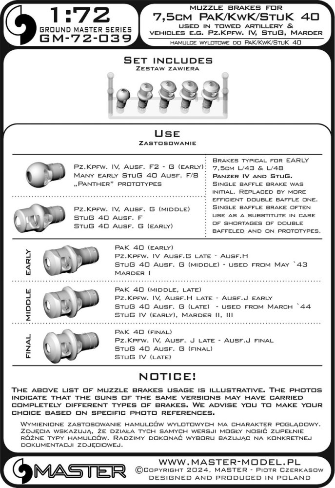 1/72 Muzzle brakes for 7,5cm PaK/KwK/StuK 40